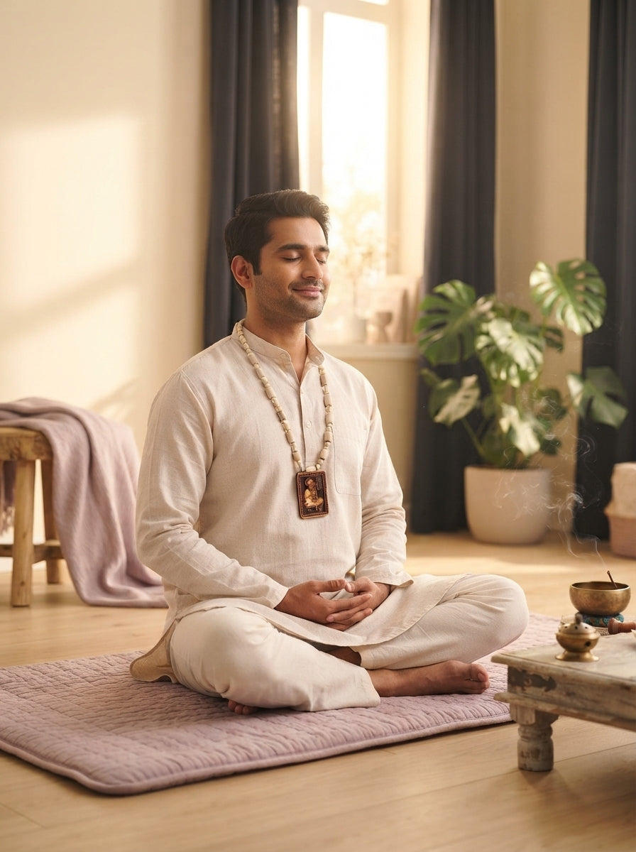 A South Asian man in deep meditation wearing an authentic Tulsi Mala necklace in a serene, warmly lit room.
