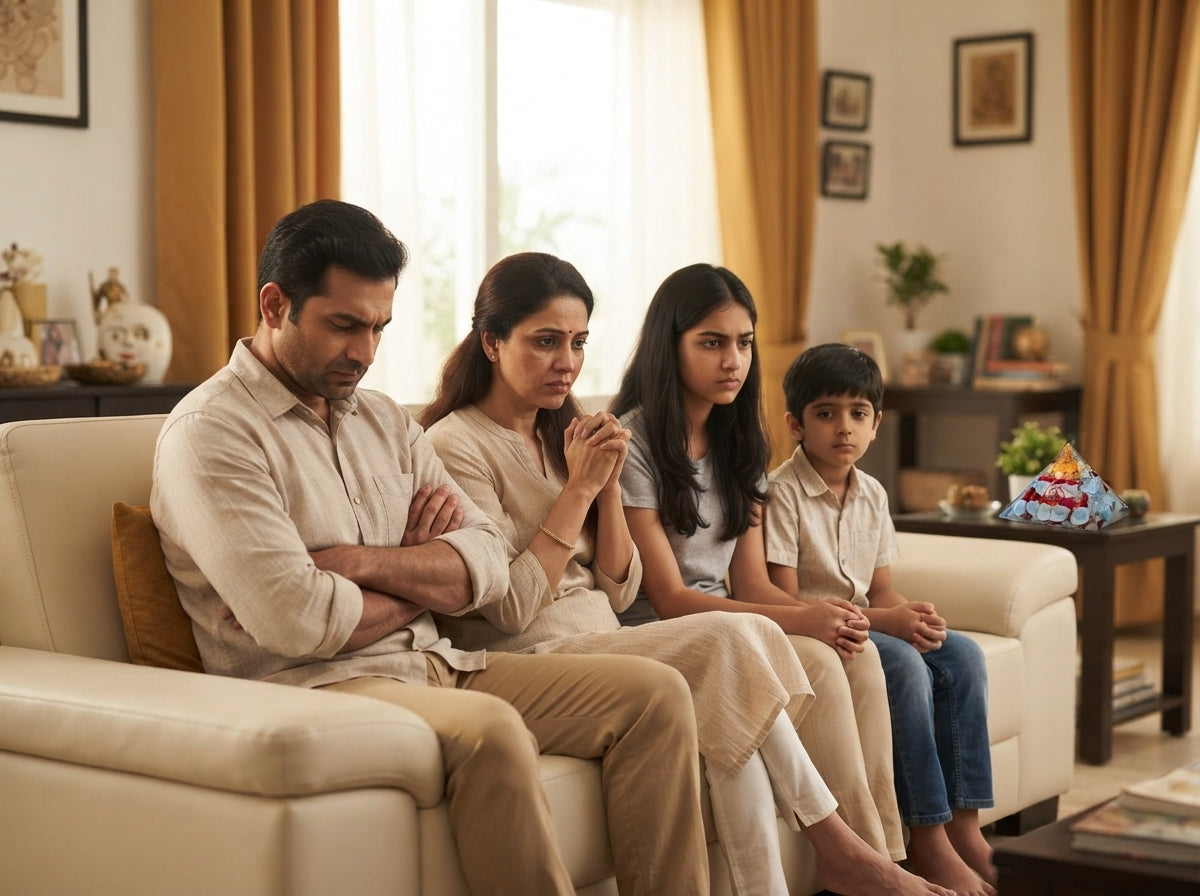 A South Asian family sitting in their living room with a brass Shree Yantra Pyramid on a side table.