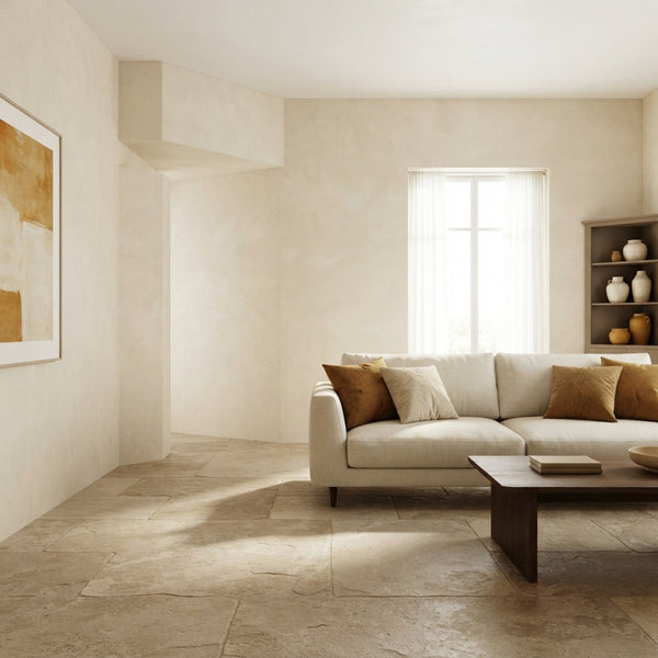 A modern Indian apartment living room with an irregular floor plan and missing northeast corner, featuring ochre and cream de