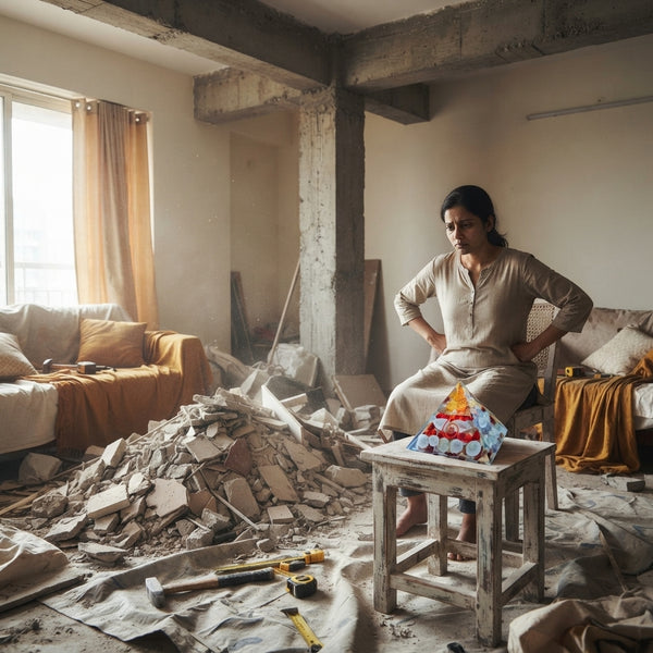 A cluttered Indian living room featuring exposed structural beams and renovation debris, representing the stress of architect