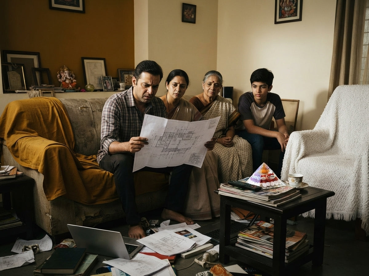 An Indian family looking stressed in a cluttered living room with architectural blueprints, featuring a Shree Yantra Pyramid.