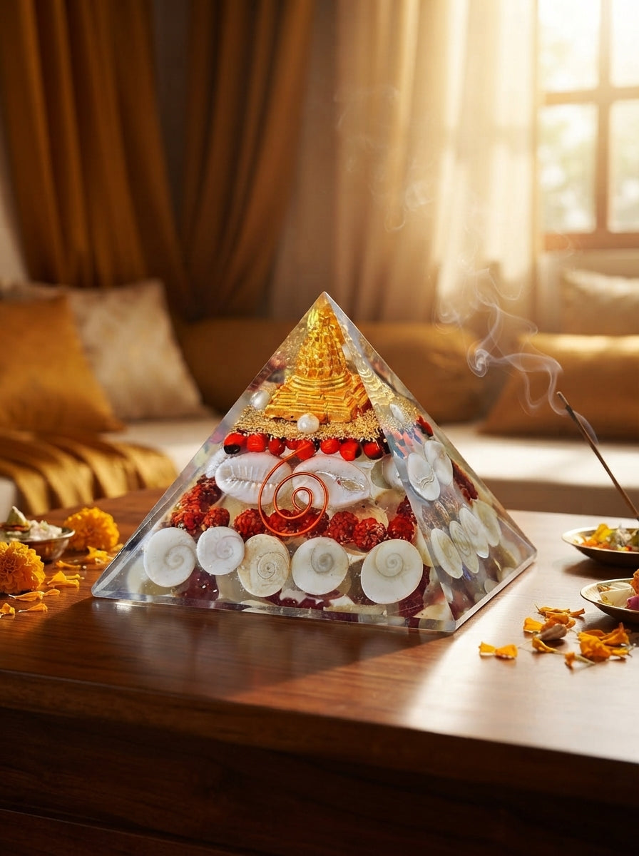 A sacred Shree Yantra Pyramid sits on a wooden surface in a peaceful, well-lit Indian home, symbolizing prosperity and energy