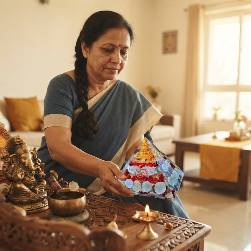 An Indian woman placing a brass Shree Yantra Pyramid on a home altar to balance living space energy.