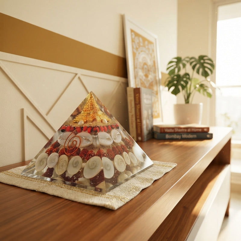A brass Shree Yantra pyramid sitting on a shelf in a modern Mumbai apartment with warm, bright interior decor.