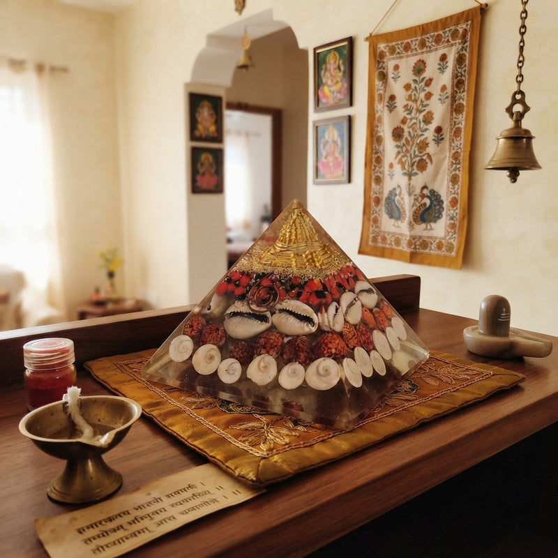A brass Shree Yantra Pyramid sitting on a wooden shelf in a sunlit Indian home, symbolizing spiritual balance and Vastu harmo